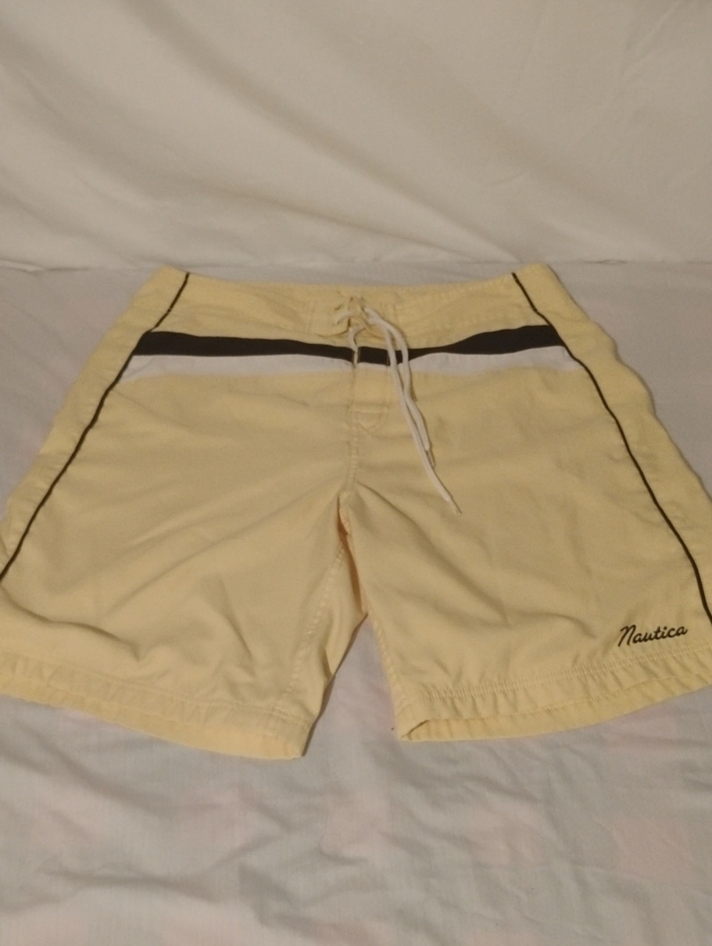 Nautica Pale Yellow Men's Swim Trunks with Black & White Stripe